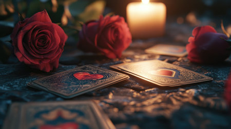 Mystical tarot cards laid out in a candlelit room, with roses adding a touch of romance and mystery to the settingの素材
