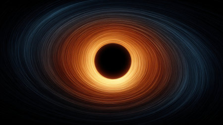 Explore the captivating beauty of a black hole surrounded by radiant swirling light, representing the mysteries of the universe and the wonders of cosmic phenomena.の素材
