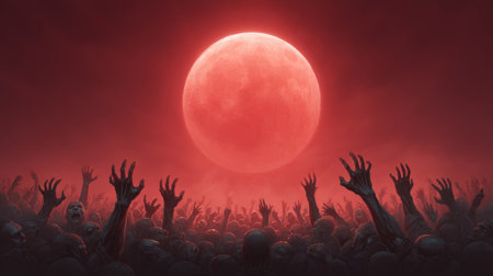 A haunting scene depicts shadowy figures with outstretched hands against a bright blood-red moon. The eerie atmosphere evokes feelings of suspense and fear, perfect for horror themes.の素材