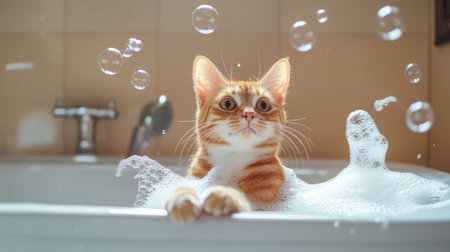 A delightful scene of a cat in a bathtub, having fun chasing and popping soap bubbles during bath time.の素材