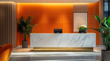 Modern reception area with an elegant marble table and bright orange walls, offering a chic and welcoming space.の素材