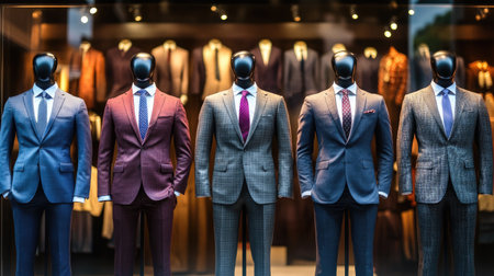 A lineup of mannequins wearing diverse business suits, highlighting the range of professional attire options.の素材
