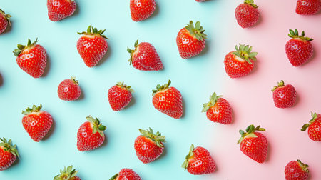 Fresh red strawberries scattered in a pattern against a pastel backdrop, vibrant colors pop against the soft hues.の素材