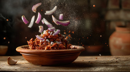 Creative food photography of Tacos de Cochinita Pibil, with onions and habanero chili falling onto a traditional Mexican clay dish, captured mid-air in a dynamic levitation shot.の素材