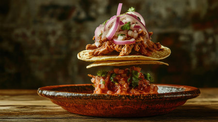 Tacos de Cochinita Pibil with onions and habanero chili seemingly floating above a traditional Mexican plate, in a visually striking levitation photographの素材