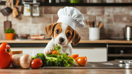 A playful puppy in a chef hat, enthusiastically making a vegetable dish in the kitchen, showcasing its love for cookingの素材