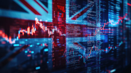Abstract double exposure of the Union Jack and stock trading data, illustrating the UK's financial influence in global markets.の素材