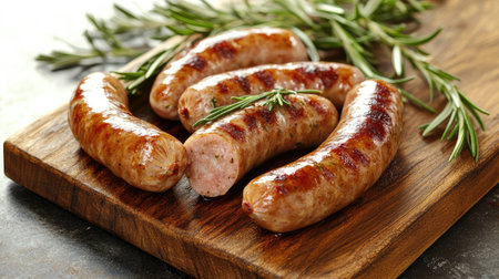Juicy roasted Bavarian sausages with rosemary, served on a wooden board, perfect for a comforting and flavorful meal.の素材