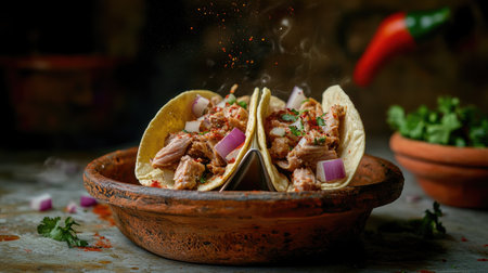 Traditional Mexican Tacos de Cochinita Pibil, with onions and habanero chili in mid-air, captured in a creative levitation shot over a rustic clay dish.の素材