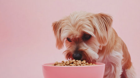 A dog enthusiastically eating from its bowl of kibble, shot against a subtle pastel background to emphasize the mealtimeの素材