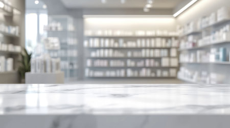 Clean white marble table in focus, with a blurred drugstore interior behind, setting the stage for pharmaceutical product displays.の素材