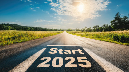 An inspiring road with "Start 2025" written on it, under a bright sun and blue sky, representing new opportunities and goals for the year.の素材
