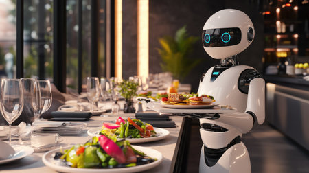 Futuristic smart robot waiter serving food in a modern restaurant, showcasing the innovation of automated dining.の素材