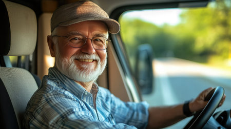 Senior adventurer smiling as they drive a camper van, highlighting the pleasure of travel and discovery in later life.の素材
