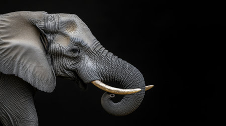 Striking close-up of an African elephant's head, showcasing its large tusks against a dramatic black background, emphasizing its majestic presence.の素材
