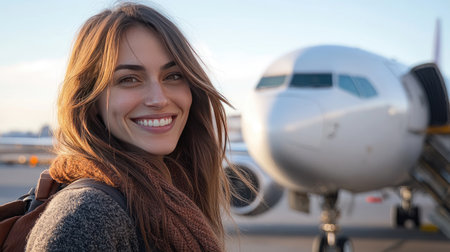 Smiling woman posing confidently in front of a passenger plane, highlighting the joy of travel and exploration.の素材