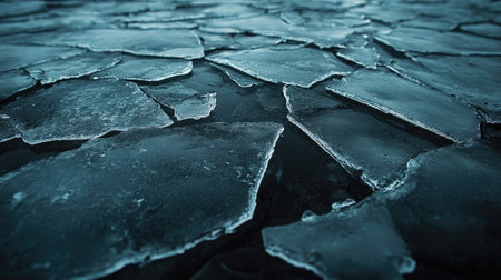 Cracked ice with a dark, moody ambiance, evoking a sense of cold isolation and frozen stillness.の素材