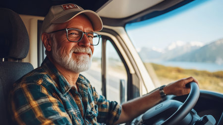 Senior traveler happily driving a camper van, embodying the spirit of exploration and enjoying life journey.の素材