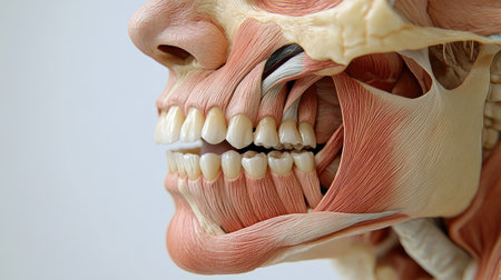 Close-up of the lower human face showing teeth and cheek muscles, designed to highlight the complexity of facial anatomy.の素材