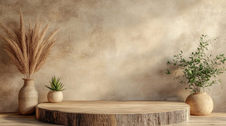 Beige wall and rustic podium with soft, natural lighting, perfect for highlighting products in a simple, earthy environmentの素材