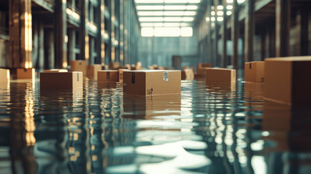 Flooded warehouse scene, showing waterlogged cardboard boxes drifting in a vast pool of water.の素材