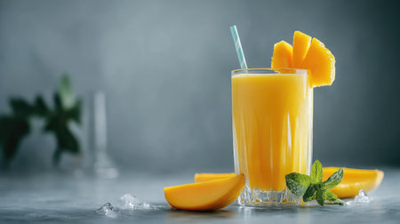 Delicious mango smoothie with fruit slices, served in a glass on a minimalist gray background, ideal for a refreshing drink.の素材