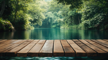 Empty wooden table surrounded by water, with a dense green forest in the background, ideal for product presentation.の素材