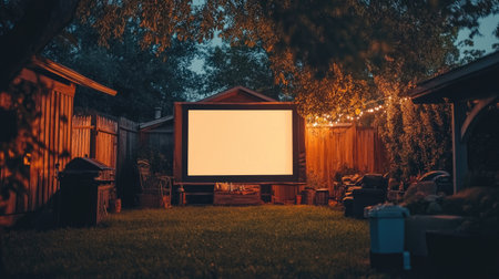 Cozy backyard cinema setup with an old movie screen, illuminated under the night sky, perfect for an outdoor movie experience.の素材