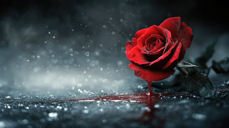 Red rose with blood flowing onto the ground, bathed in magical light, with a black backdrop and soft white smog creating a dramatic scene.の素材