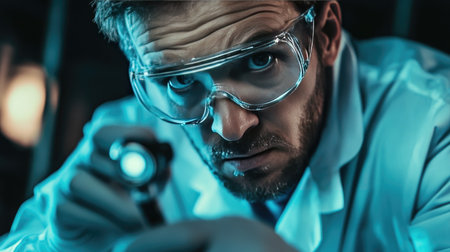 Close-up of a forensic scientist analyzing evidence with a magnifying glass, showcasing the precision of forensic investigations.の素材