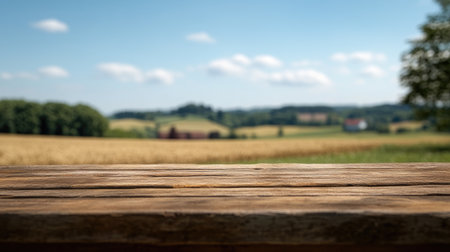 Rustic table top with a farm field out of focus in the background, evoking the simplicity of country living.の素材