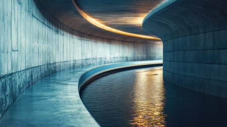 Curved tunnel for water drainage in an urban environment, highlighting infrastructure and planning in city management.の素材
