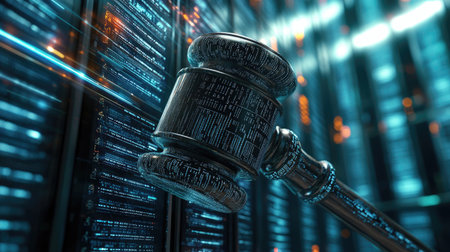 Judge's hammer with digital elements in a data center, highlighting the fusion of legal principles and technologyの素材