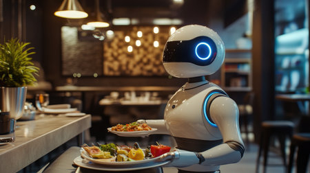 Futuristic smart robot waiter serving food in a modern restaurant, showcasing the innovation of automated dining.の素材