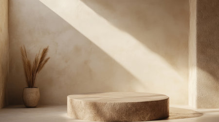 Product presentation setup with a rustic podium and beige wall background, illuminated by gentle, natural light.の素材