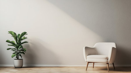 Elegant armchair next to a potted plant in a modern, minimalist room, showcasing a perfect blend of comfort and styleの素材
