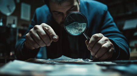 Forensic science scene with magnifying glass, emphasizing the importance of detailed analysis in criminal investigations.の素材