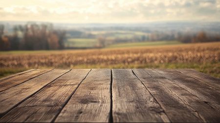 Old wooden table against a blurry backdrop of a farm field, ideal for showcasing rural lifestyle and farm-to-table conceptsの素材