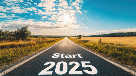 The words "Start 2025" on a road leading into a bright sunny horizon, capturing the essence of new year resolutions and fresh starts.の素材