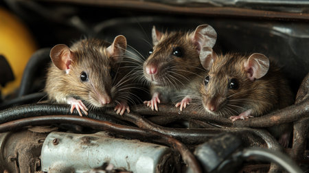 Close-up of rats gnawing on car engine wiring, illustrating the potential damage and hazards they cause.の素材