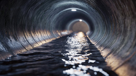 Curved tunnel for water drainage in an urban environment, highlighting infrastructure and planning in city management.の素材