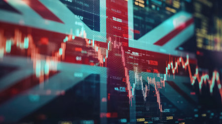 The UK flag blended with stock market charts, creating a powerful visual of the relationship between national economics and global trading.の素材