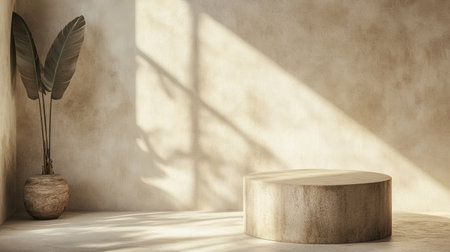 Beige wall and rustic podium with soft, natural lighting, perfect for highlighting products in a simple, earthy environmentの素材