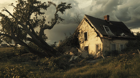 Tornado aftermath: a collapsed house and fallen trees, capturing the intense destruction caused by the severe weather.の素材
