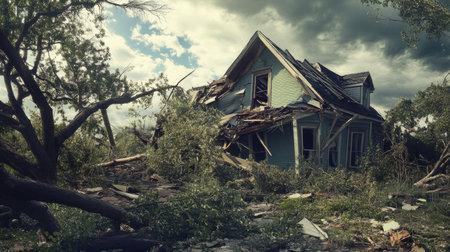 Tornado aftermath: a collapsed house and fallen trees, capturing the intense destruction caused by the severe weather.の素材