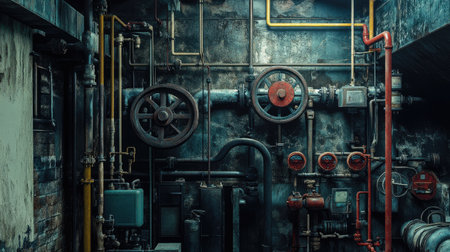 Mechanical room in an industrial setting, featuring an array of pipes and valves that control and regulate operations.の素材