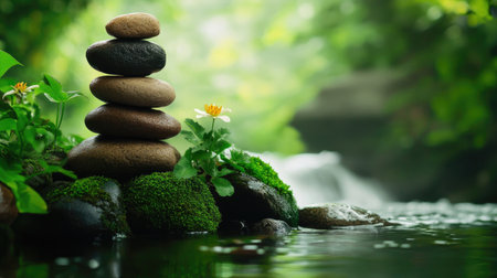 Tranquil pile of rocks in a mossy river, creating a serene spa-like atmosphere, perfect for a relaxation banner.の素材