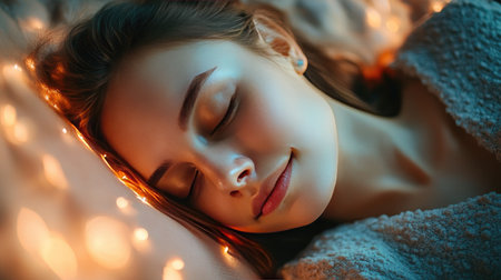 Serene woman dreaming with a calm expression, embodying mindfulness and spiritual connection in her sleep.の素材