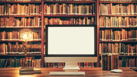 A computer with a blank screen on a work desk, set against a backdrop of library bookshelves, perfect for mockup designs.の素材