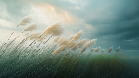 Scenic view of pampas grass in a gentle wind, the soft plumes creating a dynamic and peaceful landscape.の素材